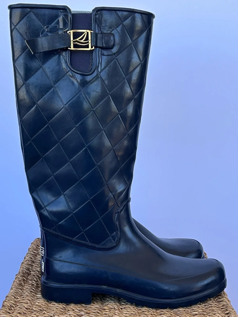 Sperry Top-Sider Women’s Pelican Navy Quilted Rain Boots Gold Buckle Size 9‎